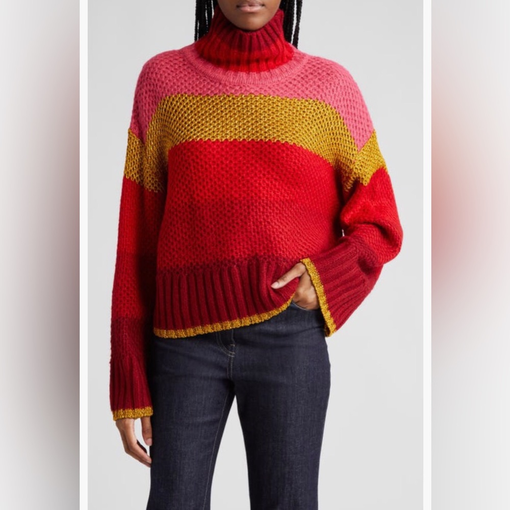 NWT $210 FARM Rio Shiny Stripe Colorblock Turtleneck Sweater, RED MULTI, Small!